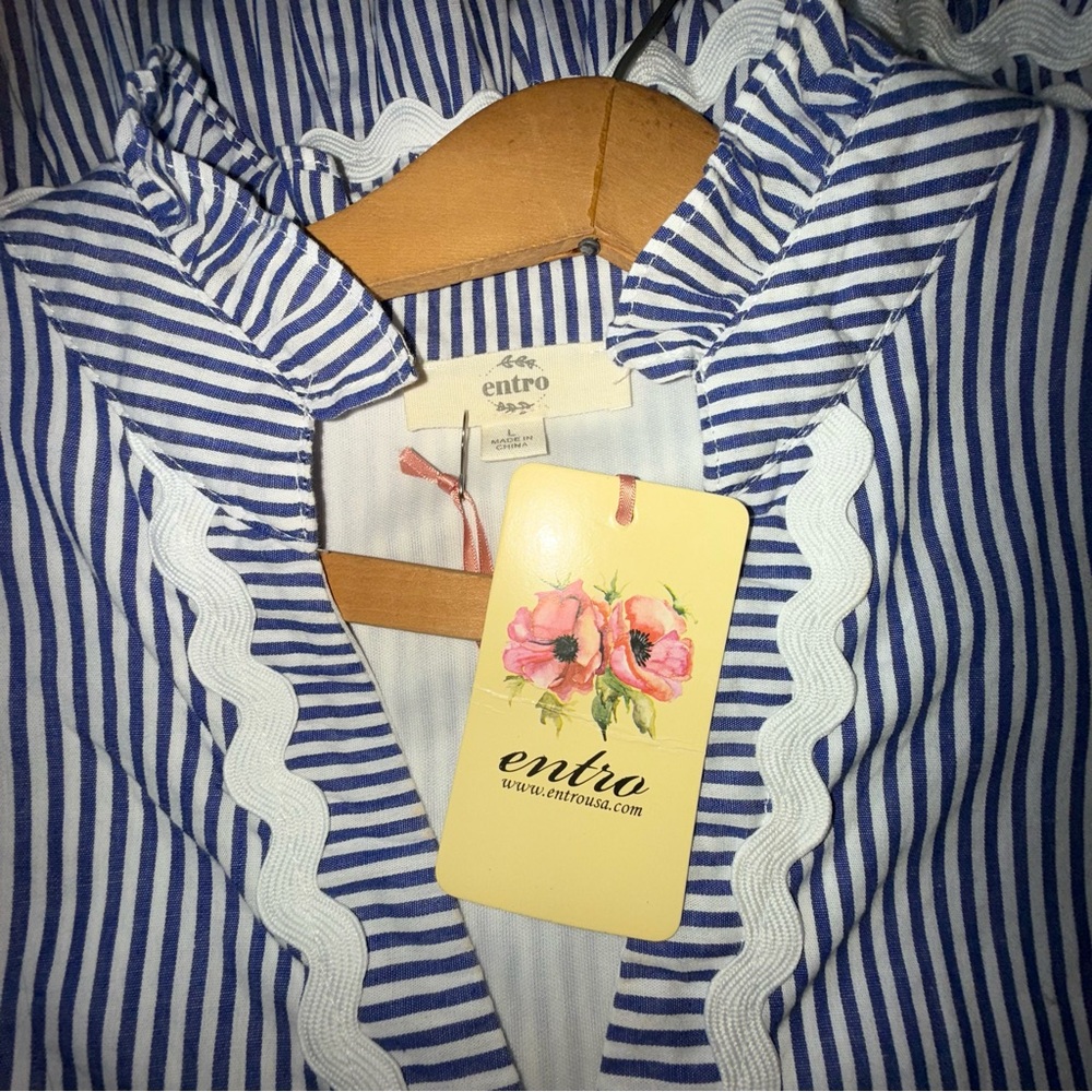 NEW Entro Womens Dress Large Navy Tiered Striped Dress Rick Rack Trim Lined - Picture 6 of 9